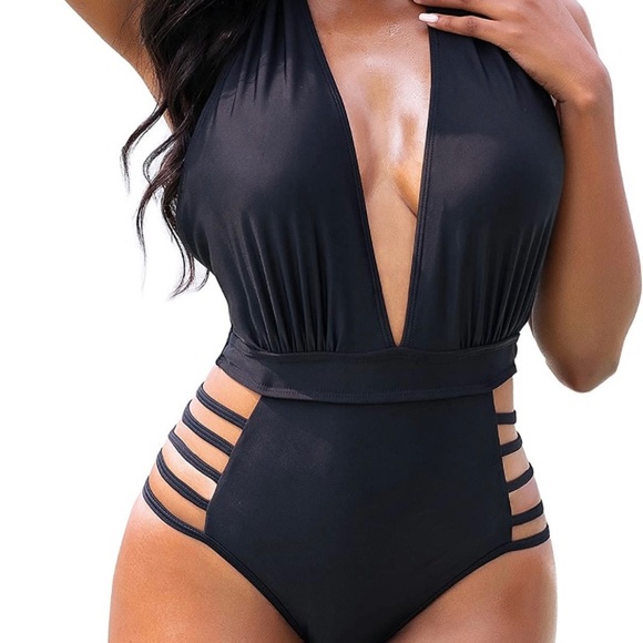 Women Sexy One Piece Swimsuits Halter Plunge V Neck Cutout Bathing Suits - Picture 2 of 4